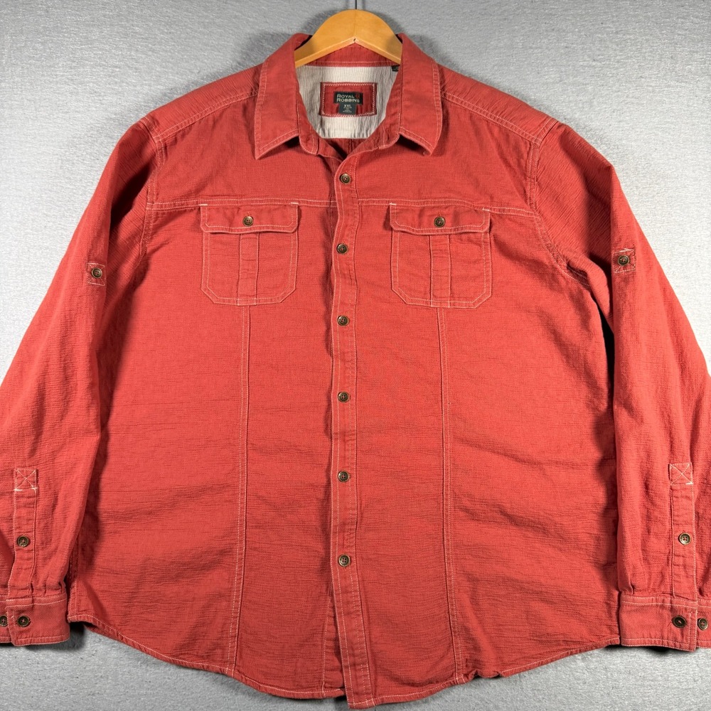 Royal Robbins Womens XXL Coral Orange Cotton Slub Roll Tab Button Up Shirt 14052